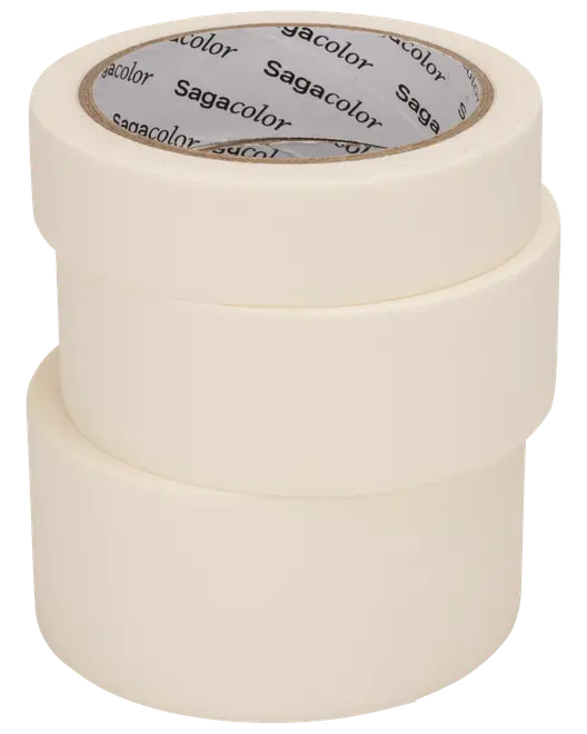 Sæt med tre ruller cremefarvet malertape med bredde og papkerne, velegnet til maling, mærkning eller generel brug. Mærkenavn synligt indeni kernen.