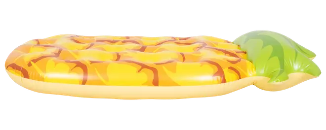 Uppblåsbar poolmadrass formad som en ananas med gul kropp, bruna detaljer och grön bladtopp. Tillverkad av slitstark vinyl, perfekt för avkoppling i vattnet.