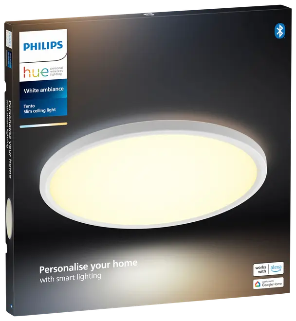 Philips Hue White Ambiance Tento slankt loftlys, rund form, justerbart hvidt lys, kompatibel med Alexa og Google Home, Bluetooth-aktiveret, moderne design til smart belysning.