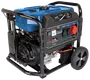 Bærbar generator med blå brændstoftank, sort ramme, to hjul, flere strømudtag, kontrolpanel med kontakter, voltmeter og snorstart. Velegnet til nødstrømsforsyning.