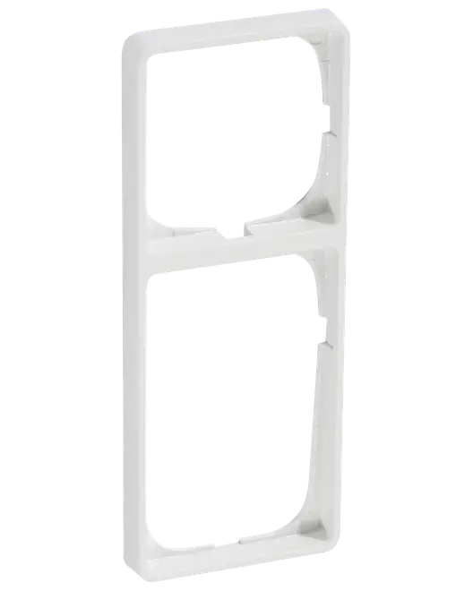 Hvid plastmonteringsramme med to stablede rektangulære åbninger og afrundede indvendige hjørner.