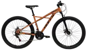 Orange mountainbike med frontaffjedring, sort sadel, 21-gears system, skivebremser og kraftige dæk. Letvægtsstel egnet til terræn- og sporcykling.
