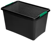 Stor sort plastopbevaringsboks med rillet låg og grønne låsehåndtag. Holdbart design til organisering og opbevaring af husholdnings- eller garageartikler. Rektangulær form med sikker lukning.