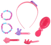 Barns håraccessoarset med rosa hårband, två pärlarmband, rosa hårborste och tre färgglada hårspännen formade som kanin, blomma och krona.