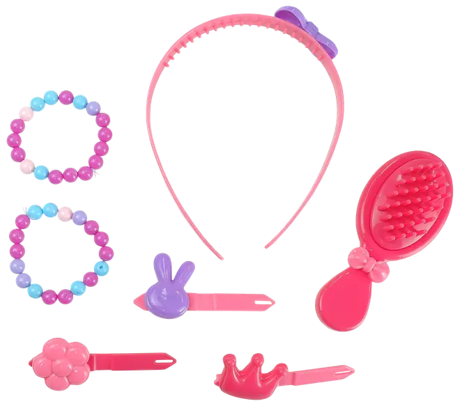 Barns håraccessoarset med rosa hårband, två pärlarmband, rosa hårborste och tre färgglada hårspännen formade som kanin, blomma och krona.