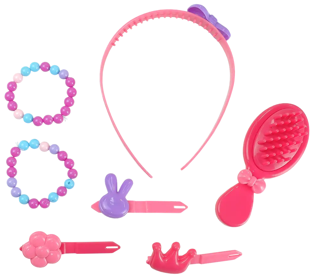 Barns håraccessoarset med rosa hårband, två pärlarmband, rosa hårborste och tre färgglada hårspännen formade som kanin, blomma och krona.