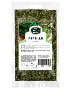 En 20g återförslutningsbar plastpåse med torkad, skuren persilja från Taste Nature, märkt på flera språk, perfekt för kryddning och garnering.