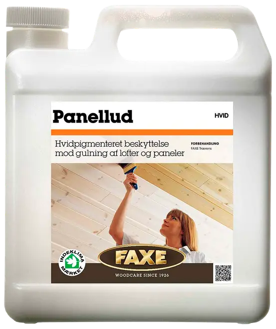 Hvidpigmenteret træbeskyttelse til lofter og paneler, modvirker gulning. Leveres i stor plastdunk med skruelåg, egnet til forbehandling. Mærke: FAXE Panellud Hvid.