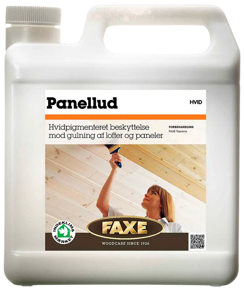 Hvidpigmenteret træbeskyttelse til lofter og paneler, modvirker gulning. Leveres i stor plastdunk med skruelåg, egnet til forbehandling. Mærke: FAXE Panellud Hvid.
