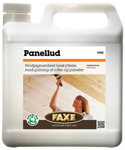 Hvidpigmenteret træbeskyttelse til lofter og paneler, modvirker gulning. Leveres i stor plastdunk med skruelåg, egnet til forbehandling. Mærke: FAXE Panellud Hvid.