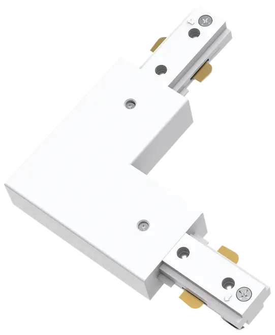 Hvid L-formet skinnekobling med metalstik og skruehuller, designet til at forbinde to lysskinner i en ret vinkel. Robust konstruktion for sikker elektrisk forbindelse.