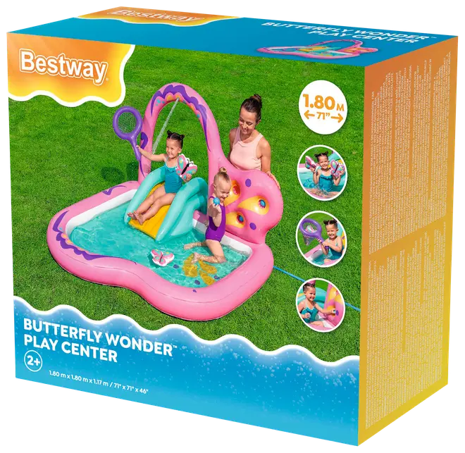 Uppblåsbar lekcenter med fjärilstema för barn, inkluderar liten pool, rutschkana och vattenleksaker. Passar barn från 2 år, mått 1,80m x 1,80m x 1,17m.