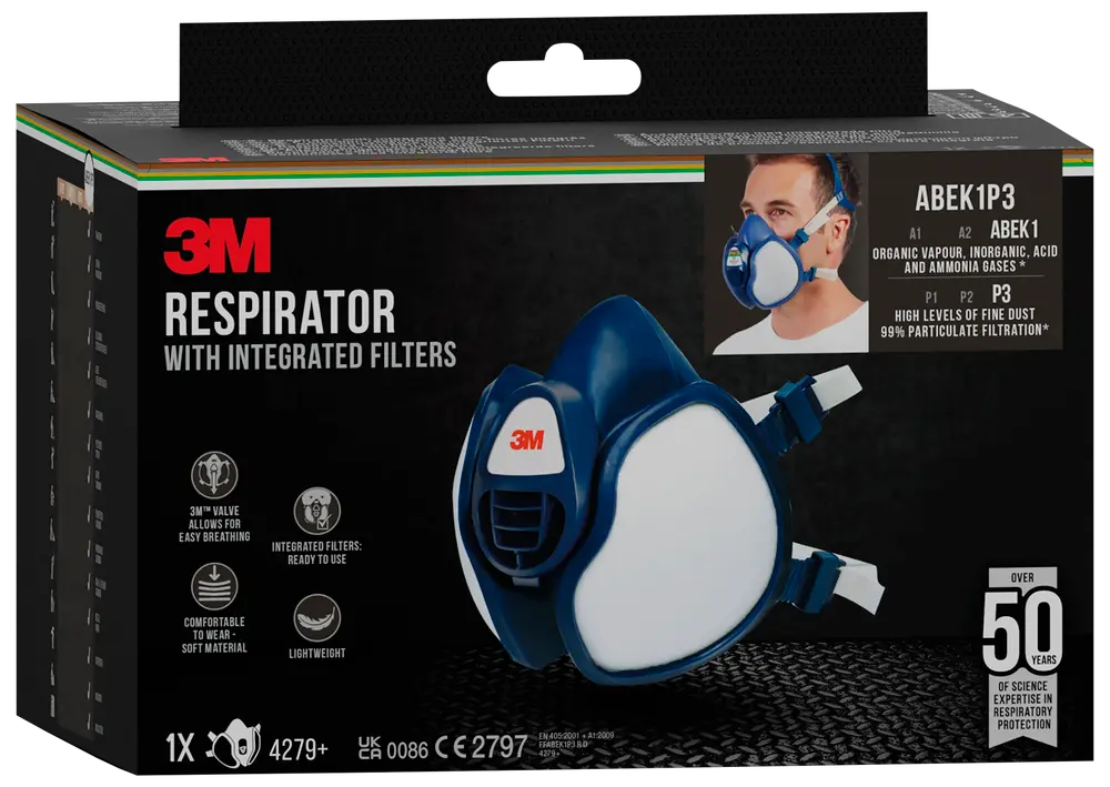 3M åndedrætsværn med integrerede filtre, blå og hvidt design, justerbare hovedstropper, letvægts, blødt materiale for komfort, beskytter mod organiske dampe, syrer og fint støv.