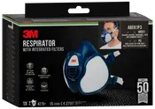 3M åndedrætsværn med integrerede filtre, blå og hvidt design, justerbare hovedstropper, letvægts, blødt materiale for komfort, beskytter mod organiske dampe, syrer og fint støv.