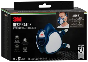 3M åndedrætsværn med integrerede filtre, blå og hvidt design, justerbare hovedstropper, letvægts, blødt materiale for komfort, beskytter mod organiske dampe, syrer og fint støv.