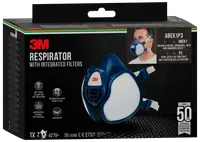 Æske med 3M respiratormasker, model 8810, FFP2-klassificeret, hvid med blå stropper, justerbar næseklemme, avanceret elektrostatiske filter, til medium støvfiltrering, 3 masker inkluderet.