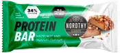 Nordthy proteinbar med hasselnød- og nougatsmag, 15g protein pr. bar, højt fiberindhold, uden tilsat sukker, grøn emballage med billede af skåret bar med hasselnødder.