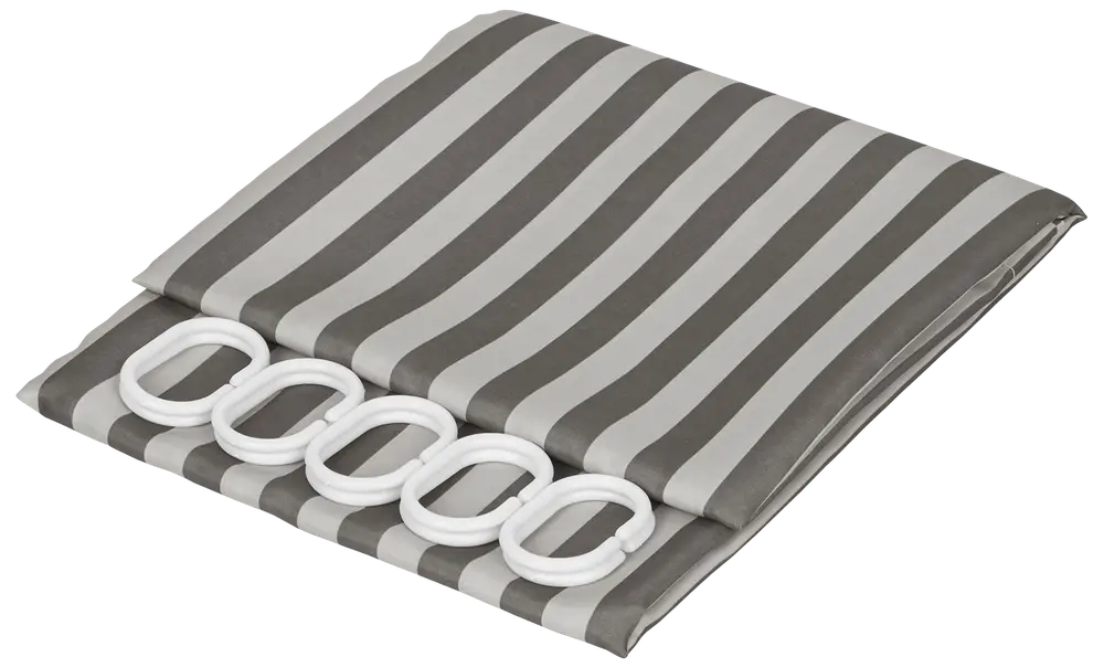 Grå og hvidstribet badeforhæng, pænt foldet, medfølger fem hvide plastikkroge til ophængning. Lavet af vandafvisende stof, egnet til badeværelset.