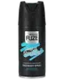 Sort, cylindrisk deodorant spraydåse med mat finish, mærket "BODYX FUZE Aqua Shock." Blå detaljer, lover avanceret friskhed, mynte- og citrusduft, sikker sprayhætte.