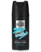 Sort, cylindrisk deodorant spraydåse med mat finish, mærket "BODYX FUZE Aqua Shock." Blå detaljer, lover avanceret friskhed, mynte- og citrusduft, sikker sprayhætte.