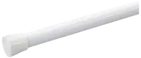 Vit justerbar spännstång med gummifot, enkel installation utan verktyg. Passar för gardiner eller duschdraperier. Hållbar och rostfri yta.