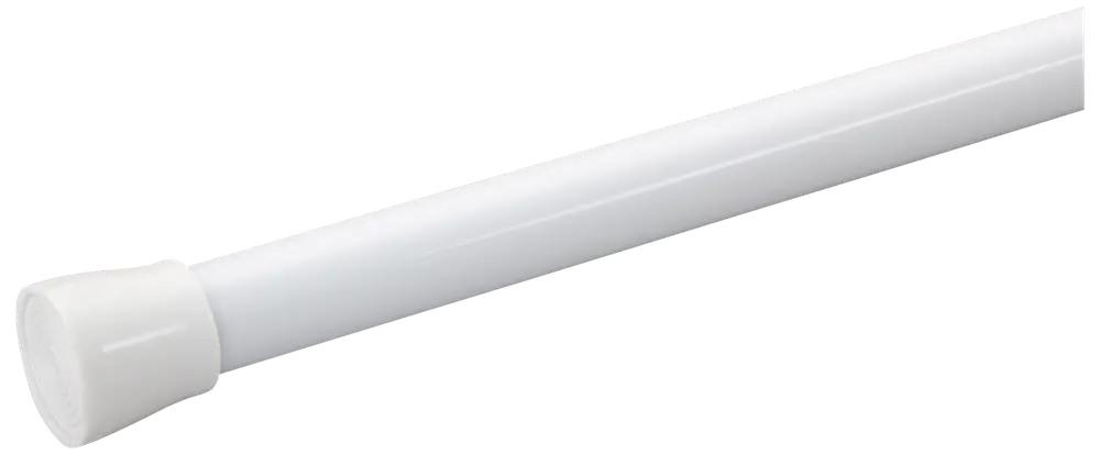 Vit justerbar spännstång med gummifot, enkel installation utan verktyg. Passar för gardiner eller duschdraperier. Hållbar och rostfri yta.