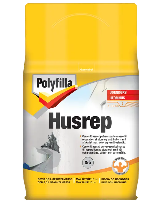 Polyfilla Husrep cementbaseret reparationspulver til udendørs brug, egnet til udfyldning af huller og revner i murværk. Vejr- og vandbestandig. Grå farve. 3,5L udbytte, max dybde 10cm.
