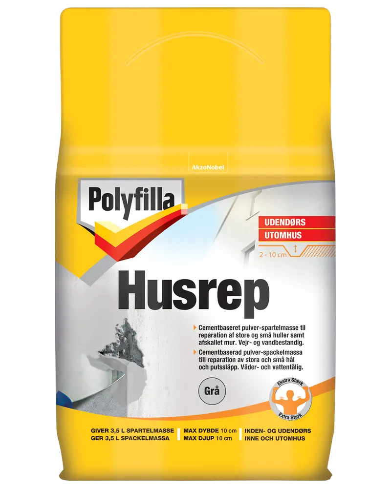 Polyfilla Husrep cementbaseret reparationspulver til udendørs brug, egnet til udfyldning af huller og revner i murværk. Vejr- og vandbestandig. Grå farve. 3,5L udbytte, max dybde 10cm.