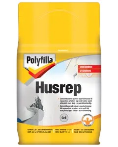 Polyfilla Husrep cementbaseret reparationspulver til udendørs brug, egnet til udfyldning af huller og revner i murværk. Vejr- og vandbestandig. Grå farve. 3,5L udbytte, max dybde 10cm.
