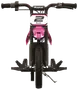 Forfra visning af en pink og sort Razor elektrisk dirtbike med nummerplade 2, kraftigt dæk, styr og sidefodstøtter. Robust og sporty design til børn.