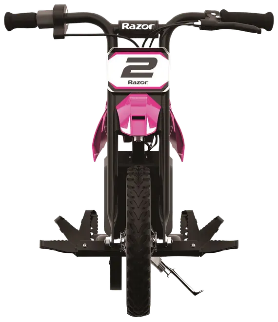 Forfra visning af en pink og sort Razor elektrisk dirtbike med nummerplade 2, kraftigt dæk, styr og sidefodstøtter. Robust og sporty design til børn.