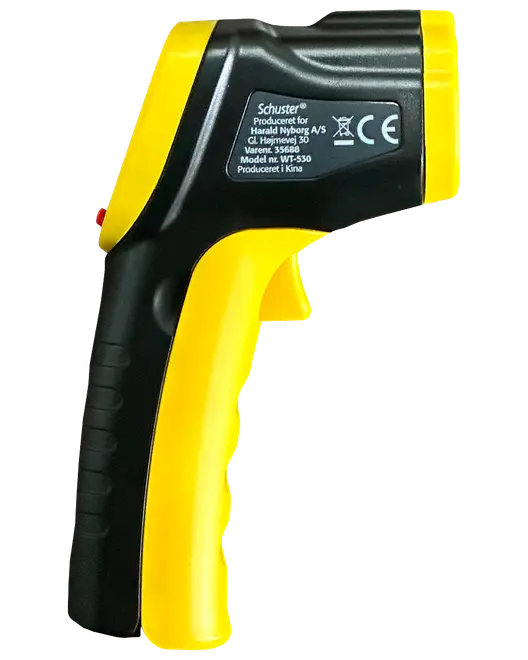 Håndholdt infrarødt termometer med gul og sort plastkrop, ergonomisk greb og aftrækker. Bruges til kontaktfri temperaturmåling. Model WF-530, egnet til forskellige overflader.