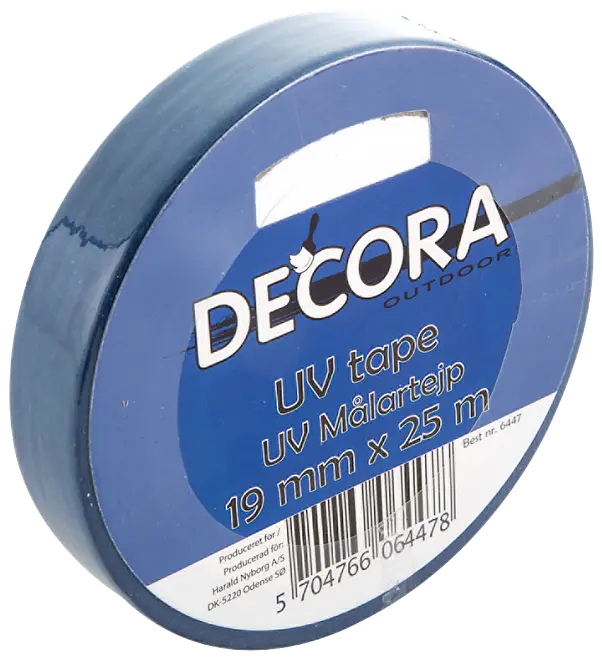 Rulle Decora Outdoor UV-tape, blå, 19 mm bred og 25 meter lang, velegnet til udendørs brug og maling, med produktetiket og stregkode på emballagen.
