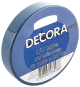 Rulle Decora Outdoor UV-tape, blå, 19 mm bred og 25 meter lang, velegnet til udendørs brug og maling, med produktetiket og stregkode på emballagen.