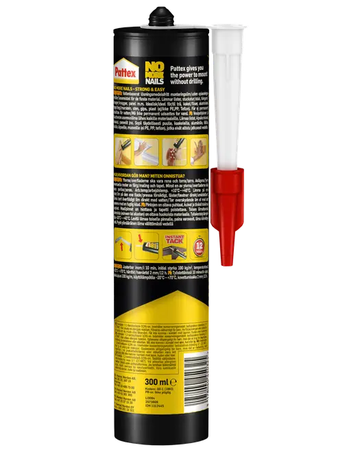 Pattex No Nails lim, 300 ml patron med dyse, til stærk montering uden boring. Velegnet til forskellige materialer, nem påføring, øjeblikkelig vedhæftning og langvarig hold.