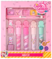 Børnemakeup-sæt med lyserød emballage, indeholder fire lipglosser, to neglelakker, seks øjenskygger og to applikatorer. Produkterne har sliktema. Velegnet til børn fra 6 år.