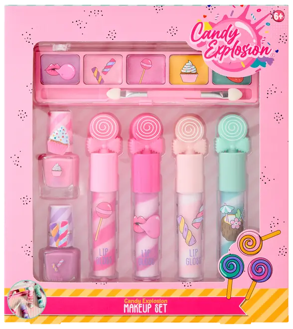 Børnemakeup-sæt med lyserød emballage, indeholder fire lipglosser, to neglelakker, seks øjenskygger og to applikatorer. Produkterne har sliktema. Velegnet til børn fra 6 år.