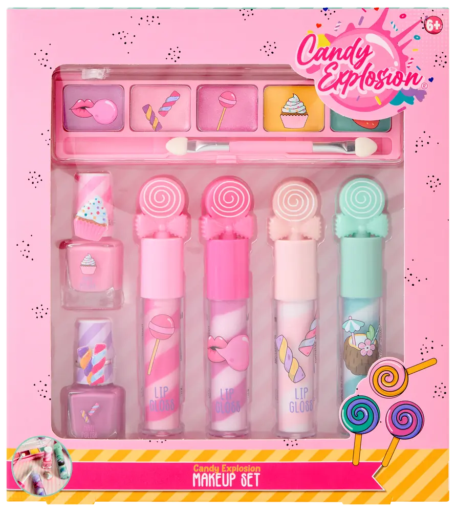 Børnemakeup-sæt med lyserød emballage, indeholder fire lipglosser, to neglelakker, seks øjenskygger og to applikatorer. Produkterne har sliktema. Velegnet til børn fra 6 år.