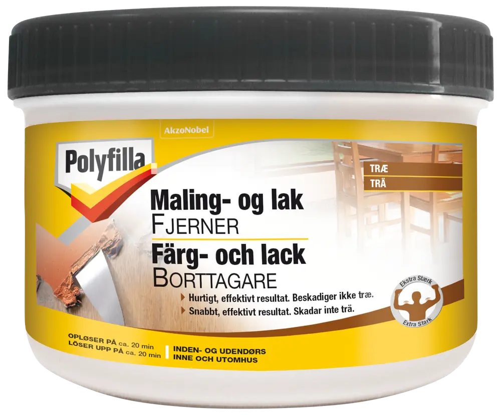 Polyfilla maling- og lakfjerner til træoverflader, egnet til indendørs og udendørs brug. Hurtigvirkende, beskadiger ikke træ. Leveres i rund plastbeholder med sort låg.