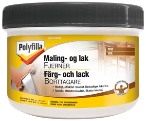 Polyfilla maling- og lakfjerner til træoverflader, egnet til indendørs og udendørs brug. Hurtigvirkende, beskadiger ikke træ. Leveres i rund plastbeholder med sort låg.