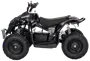 Sort elektrisk ATV med store terrændæk, polstret sæde, solid ramme, affjedring for og bag samt styrkontroller. Velegnet til børn eller unge til udendørs kørsel.