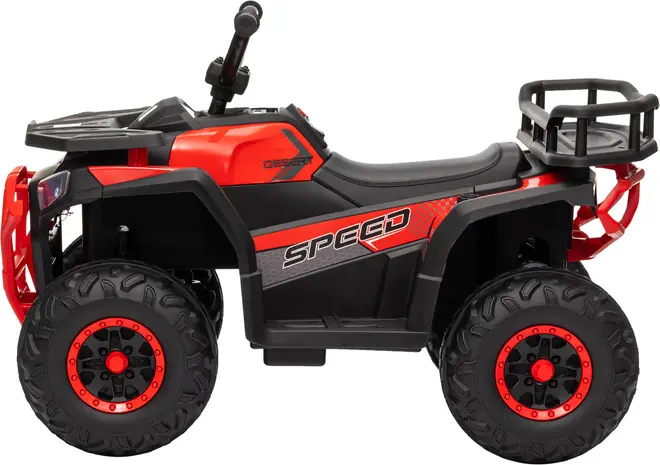 Rød og sort ATV-legetøj til at køre på med store robuste hjul, styr, bagagebærer bagtil og tydelig SPEED-grafik.