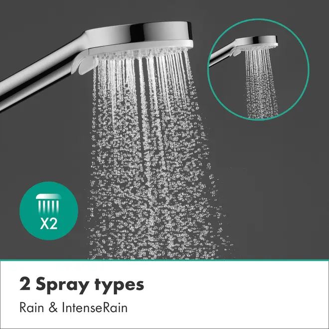 Kromad handdusch med två spraylägen: Rain och IntenseRain. Rundt duschhuvud med flera munstycken för jämn vattenfördelning. Modern design för samtida badrum.