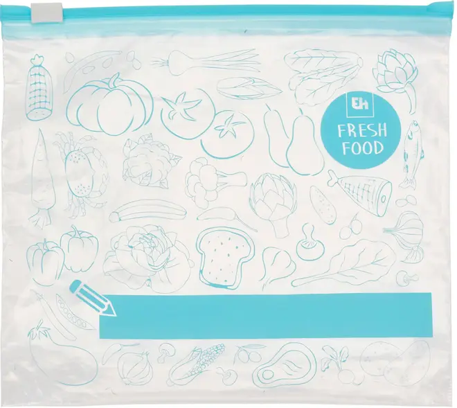 Gen flu genanvendelig plastpose til madopbevaring med blå lynlåslukning, dek errors med lyseblå mad- og grøntsagstegninger, mærket 'Fresh Food' og skrivefelt til indhold.