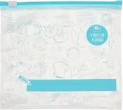 Gen flu genanvendelig plastpose til madopbevaring med blå lynlåslukning, dek errors med lyseblå mad- og grøntsagstegninger, mærket 'Fresh Food' og skrivefelt til indhold.
