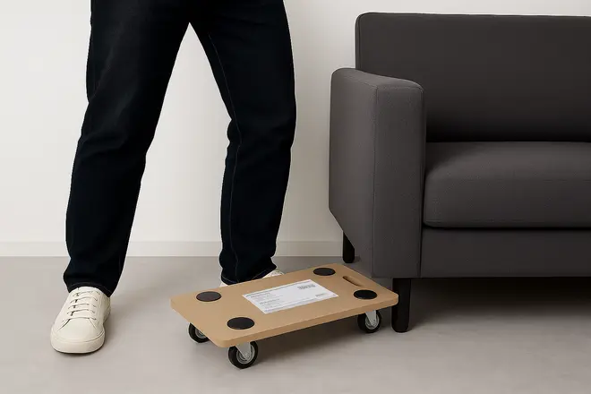 Rektangulær møbelhund i træ med fire drejelige hjul og sorte skridsikre puder. Ideel til nem flytning af tunge genstande på hårde gulve.
