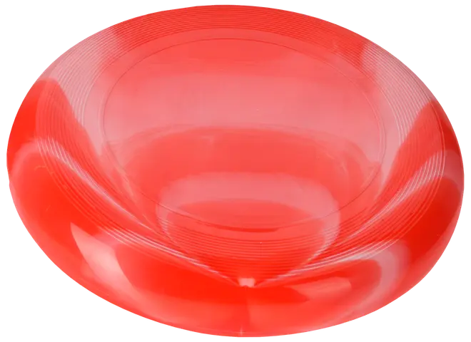 Rød plastik frisbee med glat, blank overflade og cirkulære riller for bedre greb. Let og holdbar, perfekt til udendørs leg og aktiviteter.