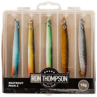 Förpackning med fem Ron Thompson havsöringsdrag, vardera 16g, i blandade färger och utföranden, i en genomskinlig plastask med separata fack.