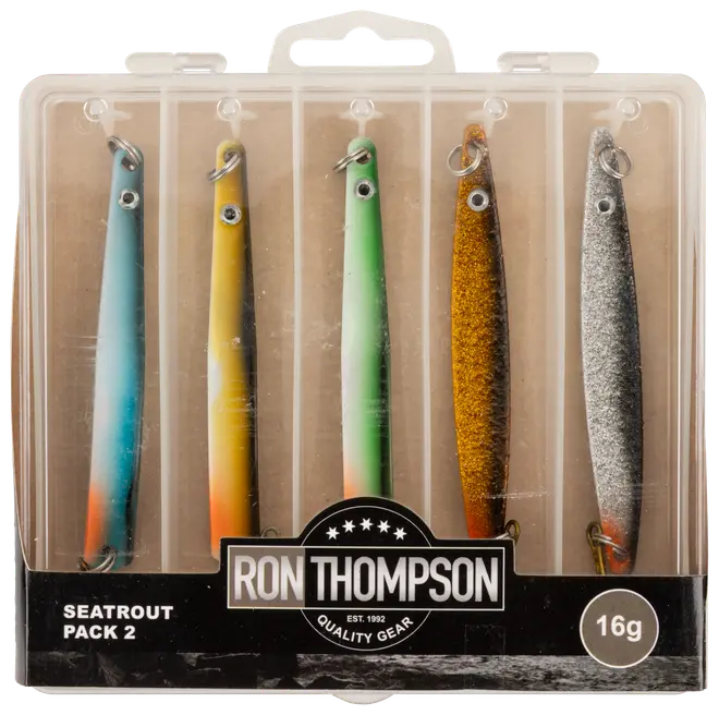 Pakke med fem Ron Thompson havørredblink, hver 16g, i forskellige farver og finish, pakket i klar plastæske med separate rum til hvert blink.