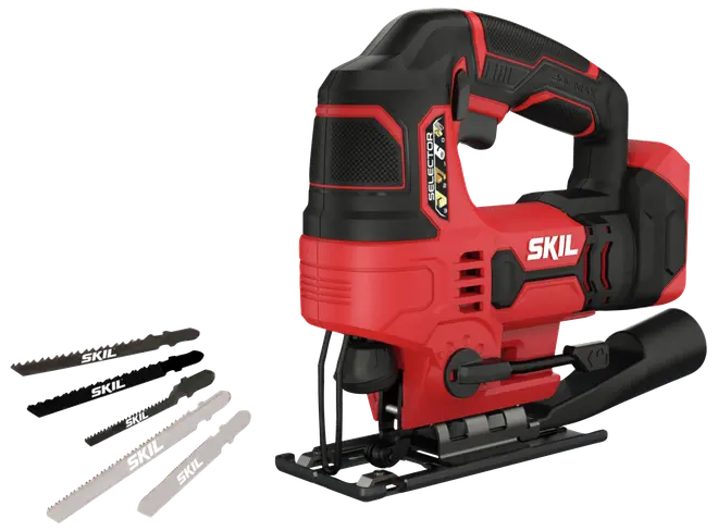 Sladdlös SKIL sticksåg i rött och svart, ergonomiskt handtag, justerbara inställningar, fyra blad för olika material ingår. Perfekt för precisionskapning i trä och DIY-projekt.